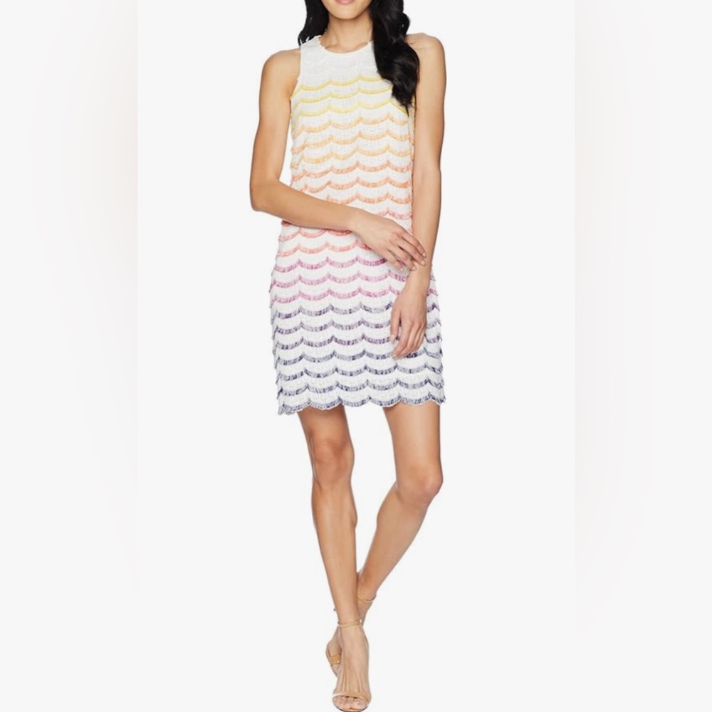 Trina Turk White Multicolor Scallop Lace Shift Dress